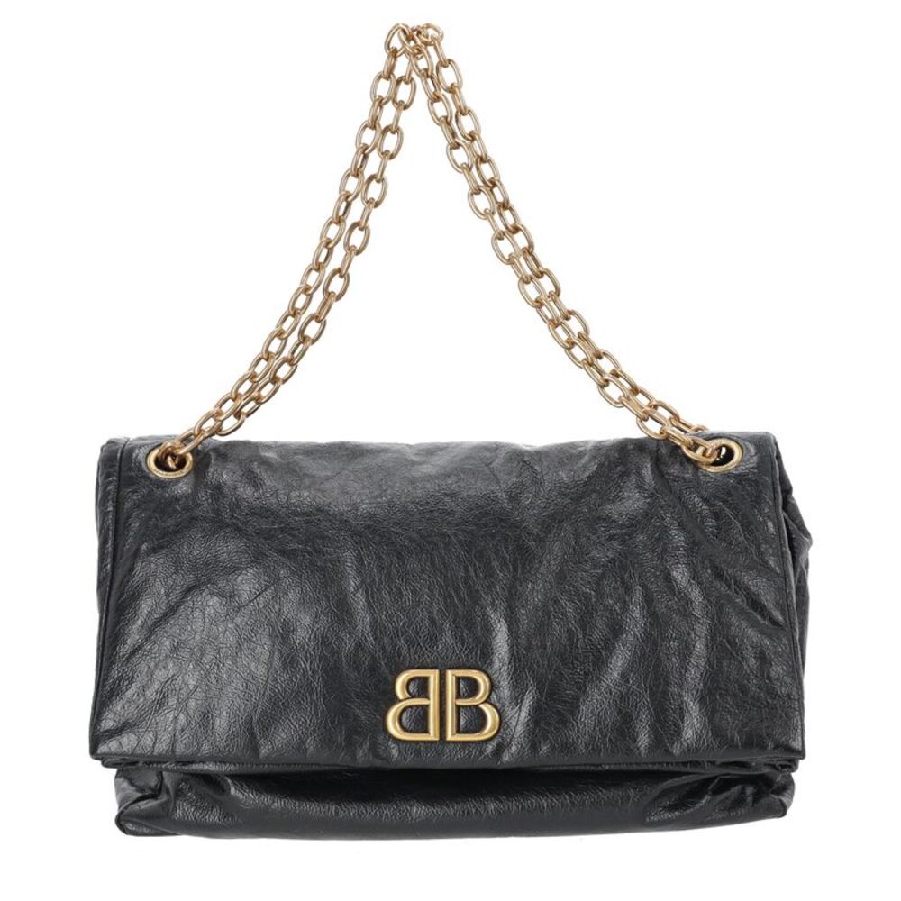Balenciaga Large Monaco Chain Shoulder Bag in Black Calf Leather